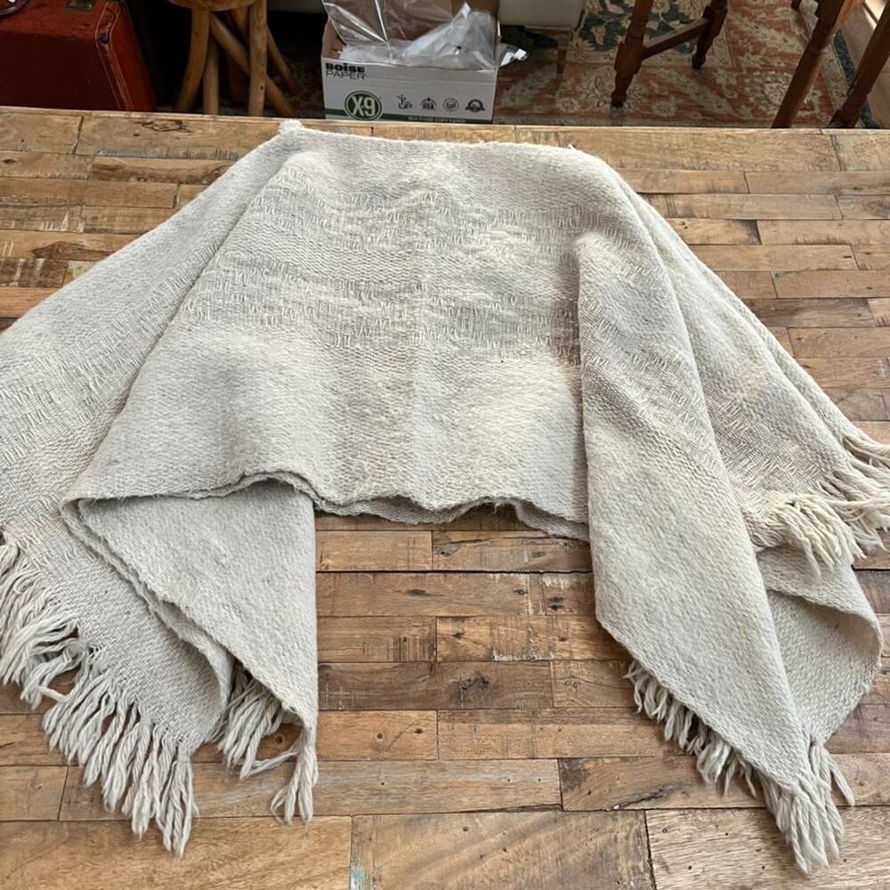 Hand Woven Wool Beige Poncho with Fringe 61 x 22 Minimalist Style